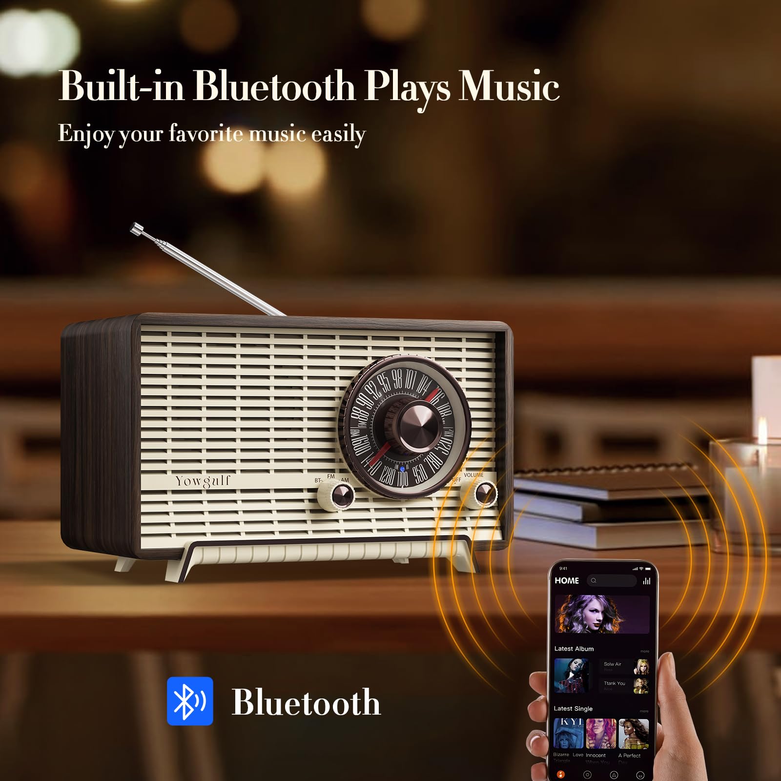 YOWGUIF Radio AM FM classique rétro en bois haut-parleurs Bluetooth radio murale enfichable avec bouton rotatif, idéale pour la maison, le bureau
