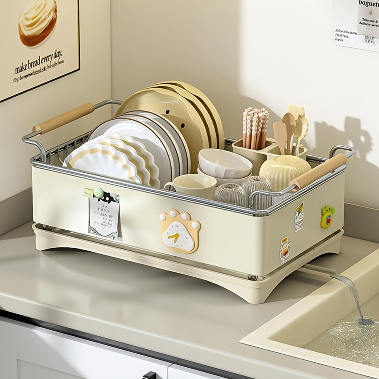 Scolapiatti con vaschetta raccogligocce e portaposate | Scolapiatti per piccola cucina, beccuccio girevole a 360°, in acciaio inox, scolapiatti per lavello