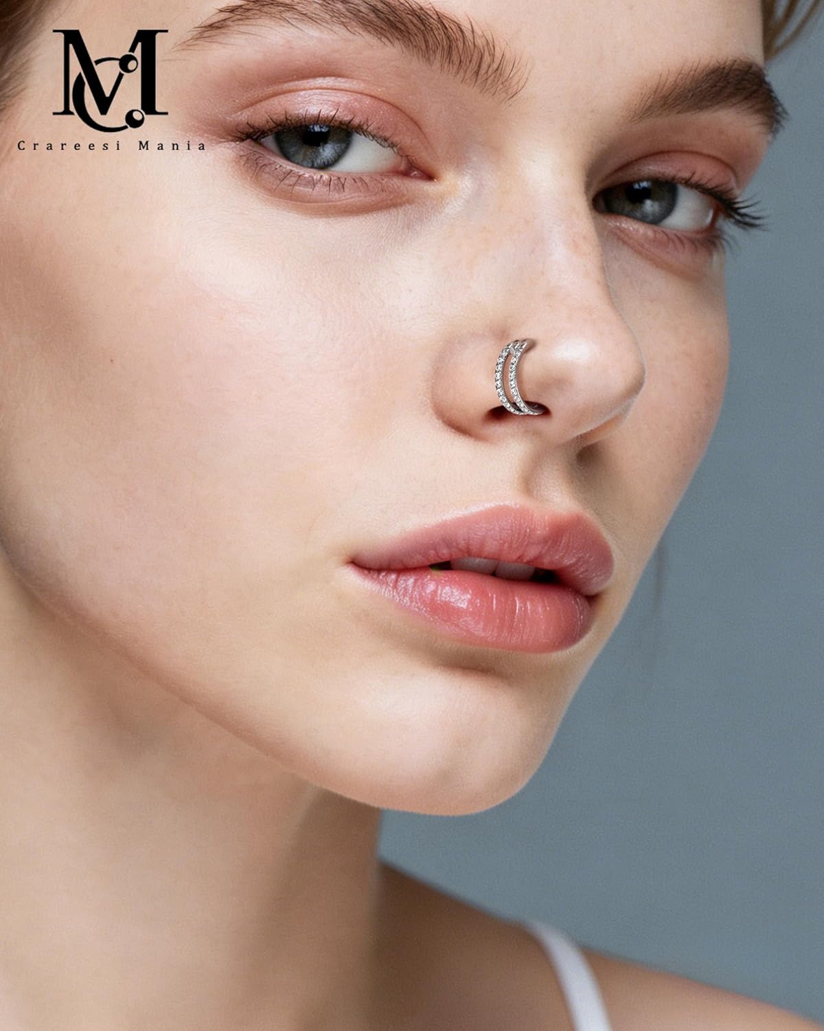 CM Crareesi Mania Nose Ring Hoop, 316L Stainless Steel Double Nose Rings, 20G Nose Piercing Jewelry for Women, Clear CZ Helix Cartilage Septum Nose Hoops - Image 7