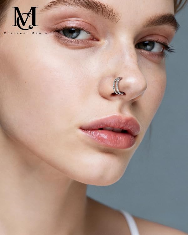 CM Crareesi Mania Nose Ring Hoop, 316L Stainless Steel Tiny Double Nose Rings, 20G Nose Piercing Jewelry for Women, Clear CZ Helix Cartilage Septum Nose Hoops Silver 6mm by CM Crareesi Mania - Used condition - Image 6
