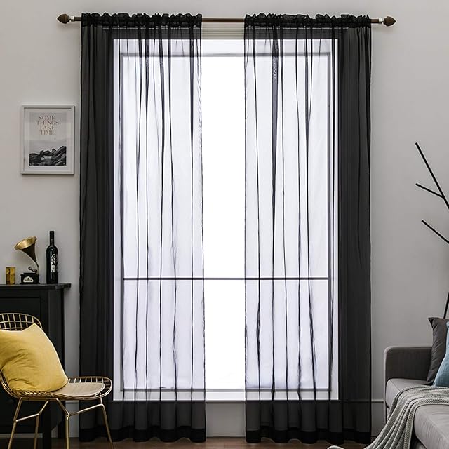 MIULEE 2 Panels Solid Color Sheer Window Curtains Smooth Elegant Window Voile Panels/Drapes/Treatment for Bedroom Living Room Black 55" Wx88 L, Rod Pocket