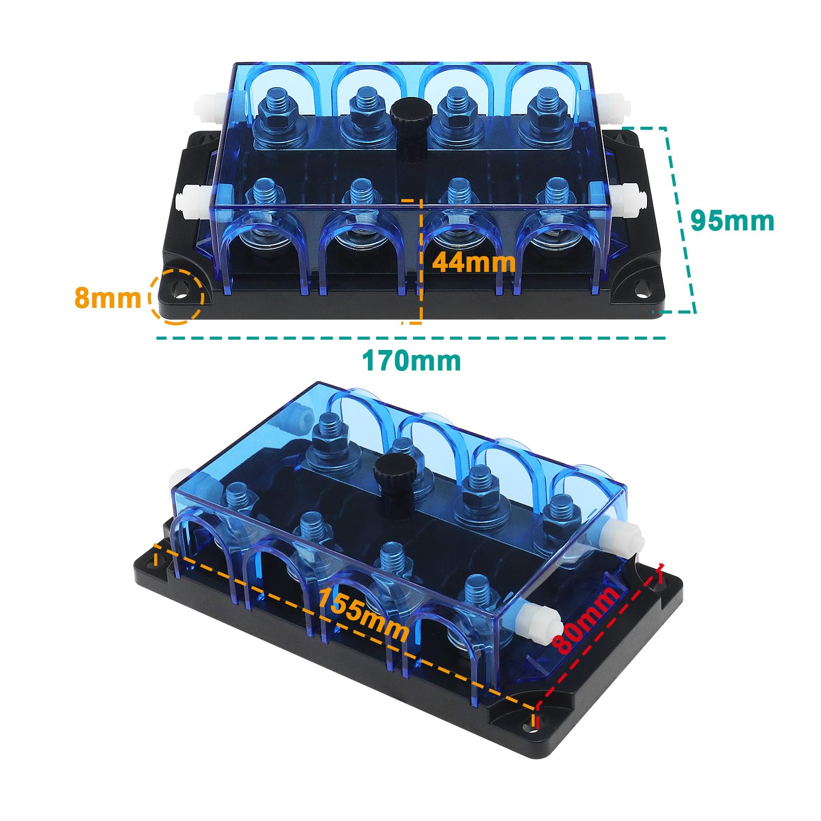 Portafusibles Para Automóvil De 4 Vías Transparente Azul – Compatible Con Mega Fusible ANM, Pernos M8, 25-500A, Plástico Retardante De Llama