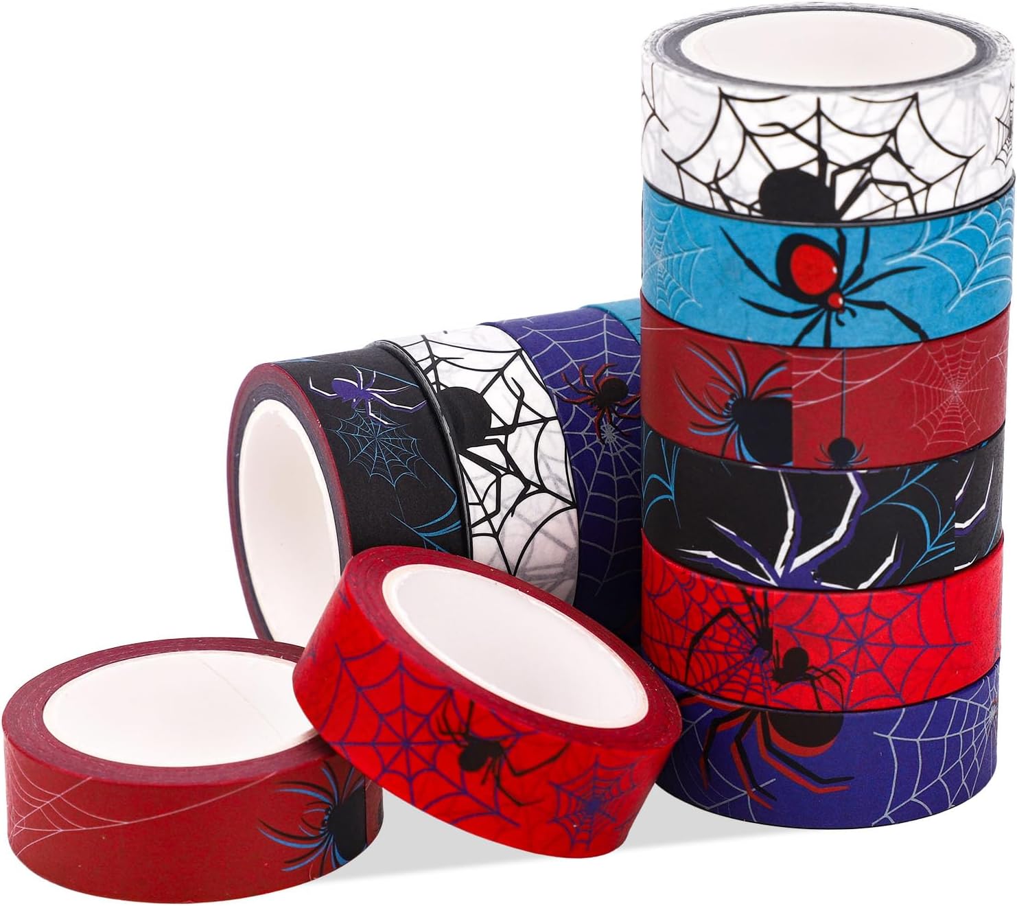 SAVITA 12 Rolls Spider Washi Tape, 10m x 1.5cm/32.8ft x 0.6in Cartoon Theme Adhesive Washi Tapes Spider Party Favors for Scrapbooking Gift Wrapping DIY Crafts (Total Length 393.7ft/12m)