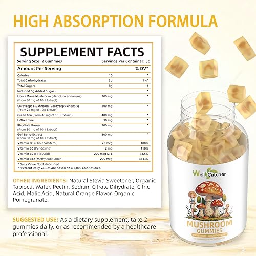 Miniatura 2 de Gomitas de hongos de melena de león para adultos, suplemento complejo de hongos para niños, enfoque y energía, sin azúcar con té verde Cordyceps,