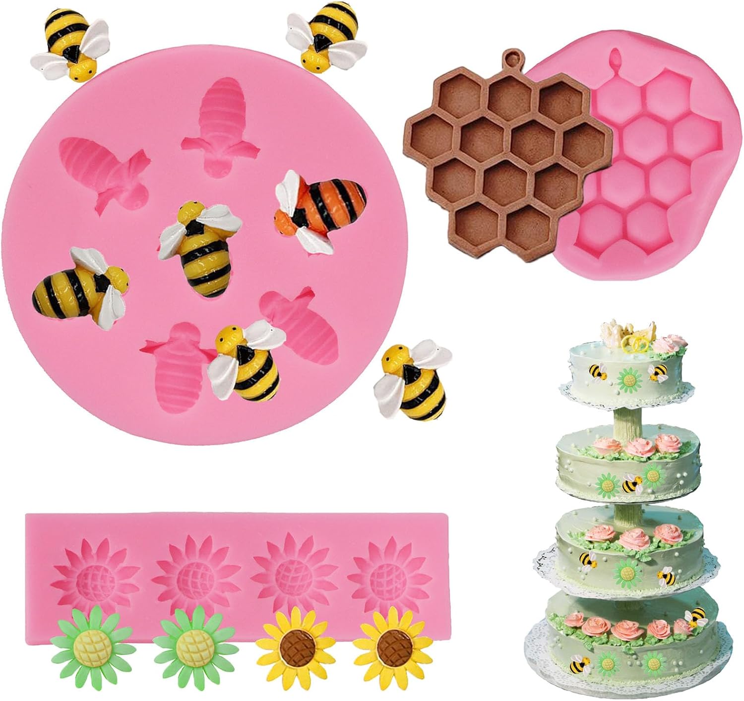4 Pcs Bumble Bee Silicone Mold Honeycomb Sunflower and Bee Fondant Molds Kit Cupcake Hive DIY Chocolate Fondant Candy Cookies Crafting Party Wedding Cake Sugar Dessert Decorating Baking Mold (Pink)