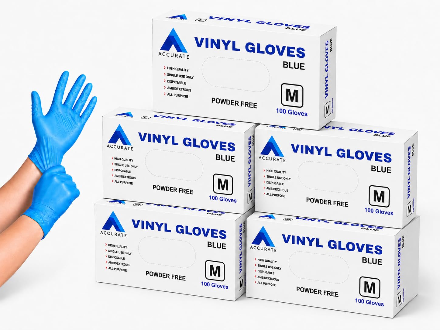 ACCURATE Disposable Blue Vinyl Gloves โ Medium 500 Pack | Powder Free & Latex Free | Comfortable Fit | Food Safe Gloves for Cleaning, Hairdressing, Catering & Multi-Purpose Use
