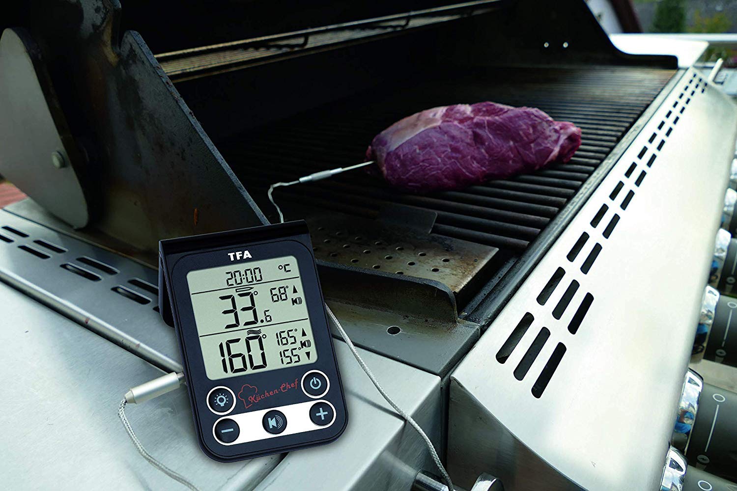 TFA Dostmann 14.1512.01 Küchen-Chef Digitales Grillthermometer Bratenthermometer, Kontrolle der Kerntemperatur und Garraumtemperatur, mit Knickschutz und Alarmton (schwarz mit Batterien)