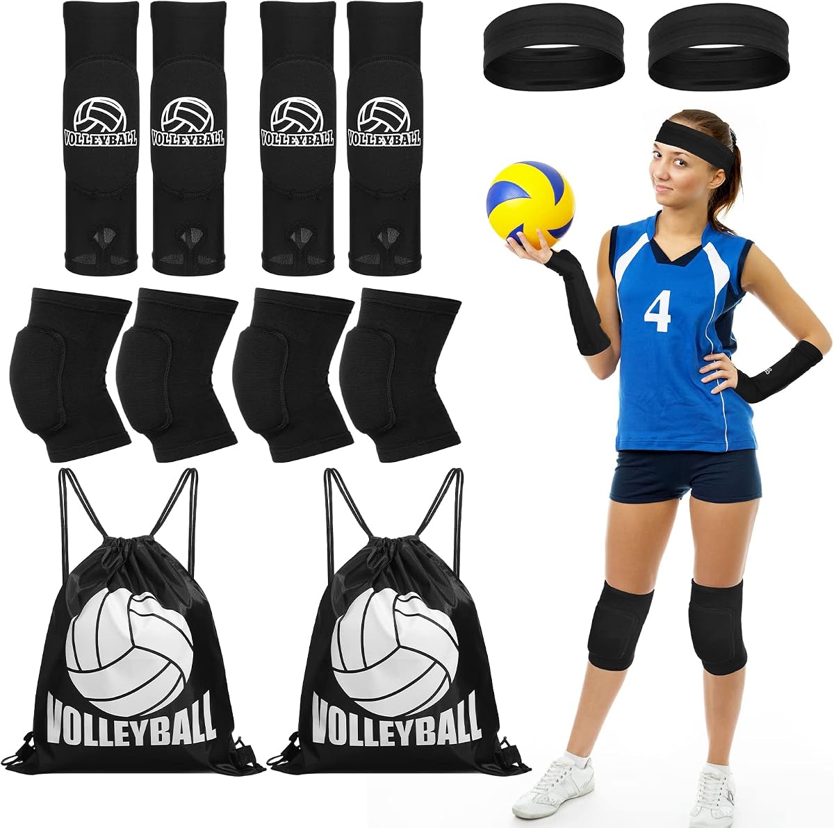 Meooeck 8 Pcs Volleyball Knee Pads Accessories Volleyball Gear for Girls Set Netball Arm Sleeves with Thumbhole Sport Hair Scrunchies Sweatband Drawstring Bag Kit for Women Teen Girls Youth