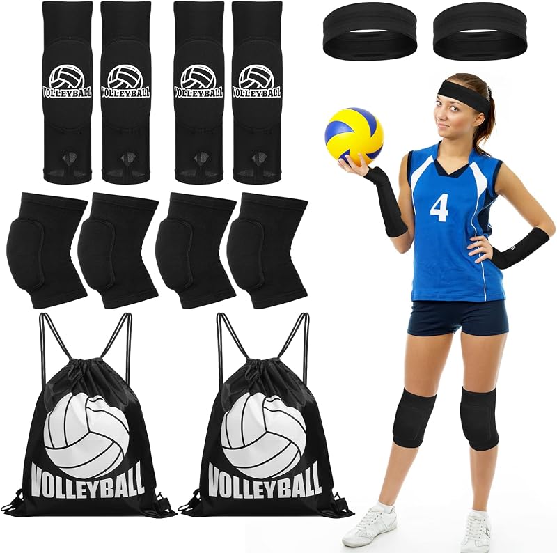 Meooeck 8 Pcs Volleyball Knee Pads Accessories Volleyball Gear for Girls Set Netball Arm Sleeves with Thumbhole Sport Hair Scrunchies Sweatband Drawstring Bag Kit for Women Teen Girls Youth