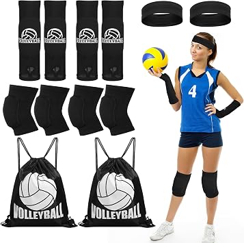 Meooeck 8 Pcs Volleyball Knee Pads Accessories Volleyball Gear for Girls Set Netball Arm Sleeves with Thumbhole Sport Hair Scrunchies Sweatband Drawstring Bag Kit for Women Teen Girls Youth
