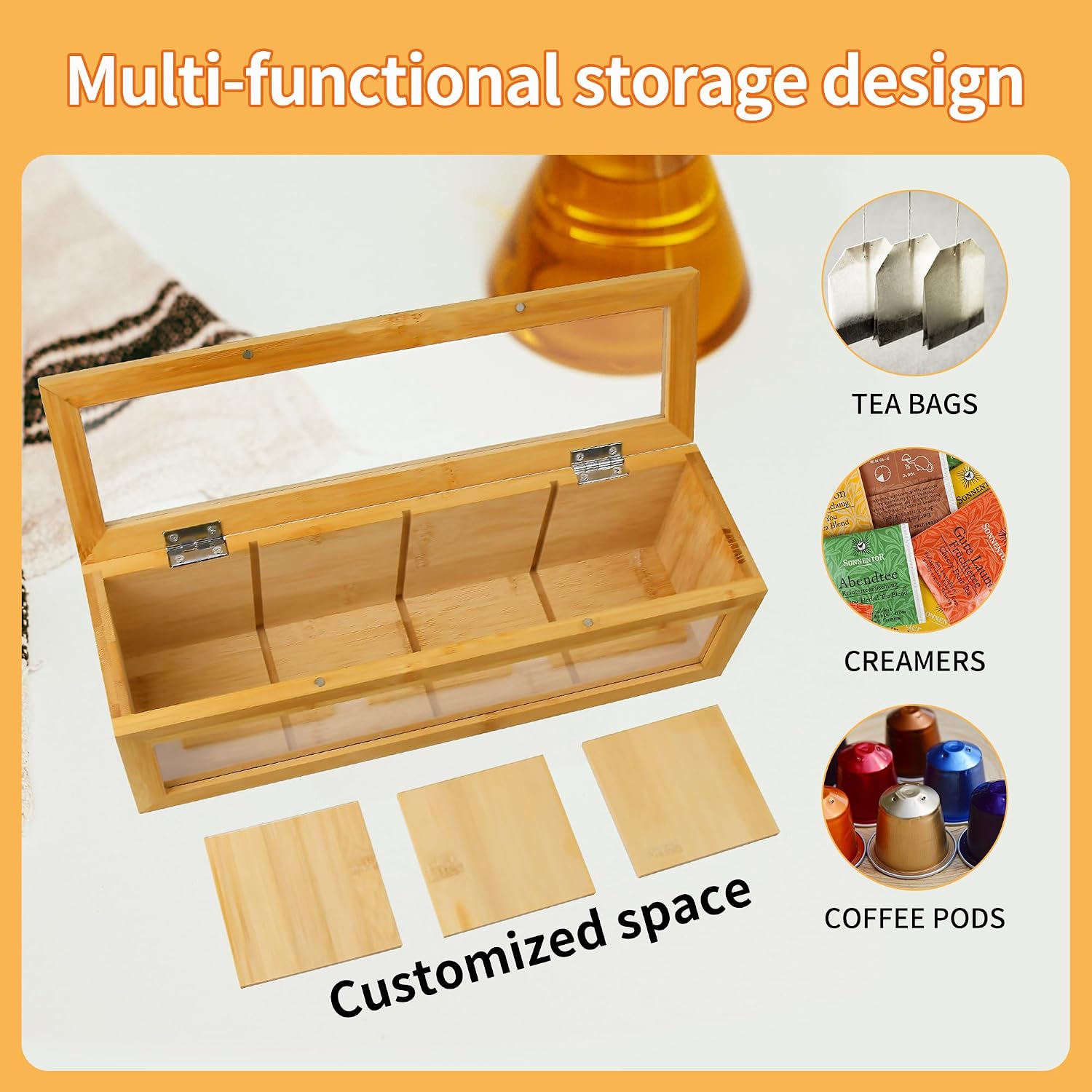 Tea Bag Organizer, Bamboo Tea Bag Holder, with Magnetic Lid & Window – 4 Compartments Tea Bag Storage for Kitchen Countertop – Eco-Friendly, Space-Saving & Giftable for Tea Lovers (13.5" x 4" x 4.1")