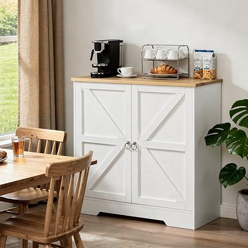MAHANCRIS Buffet Cabinet with Storage, 32” Farmhouse Sideboard with Adjustable Shelves, Kitchen Storage Cabinet, Coffee Bar Station, for Kitchen, Living Room, White and Natural BUBN8001
