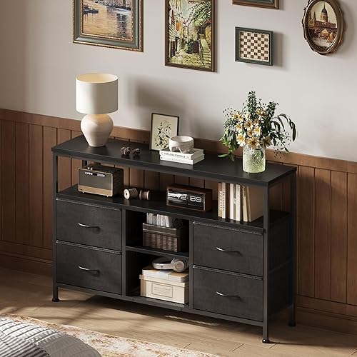 Miniatura 2 de Sweetcrispy Cómoda Mueble de TV para dormitorio, centro de entretenimiento con 4 cajones, con luces LED y tomas de corriente, consola multimedia