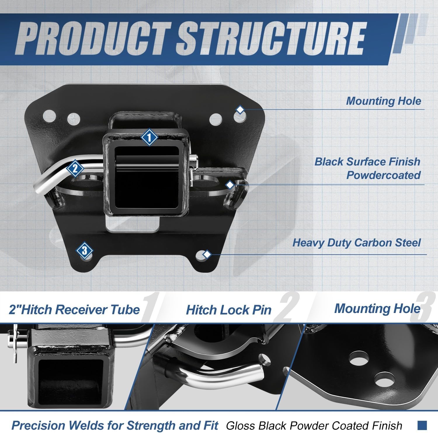 Auto Dynasty Rear Trailer Hitch, 2" Receiver Compatible with 2014-2023 Polaris RZR 4 XP 1000/Turbo, Heavy-Duty UTV Receiver Hitch Adapter Kit, 1500Lbs Max Towing Capacity, Powdercoated Black