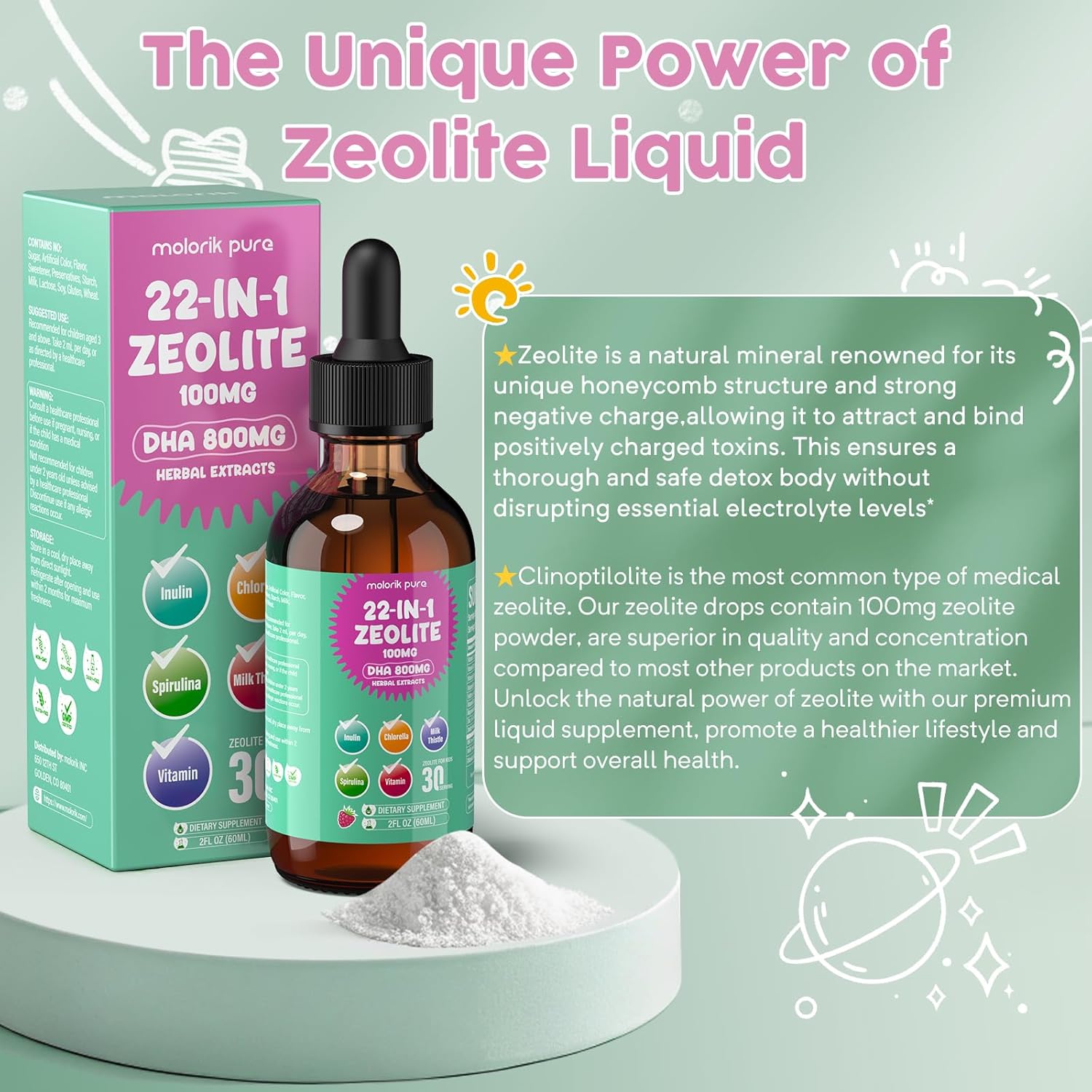Zeolite Detox for Kids and Adults, Herbal Detox with 800mg DHA, 500mg Inulin, Probiotics & Vitamin B12, D3, C, B6, Cilantro Extract Cleanse to Support Brain, Immune, Gut, Energy, Strawberry, 60ML