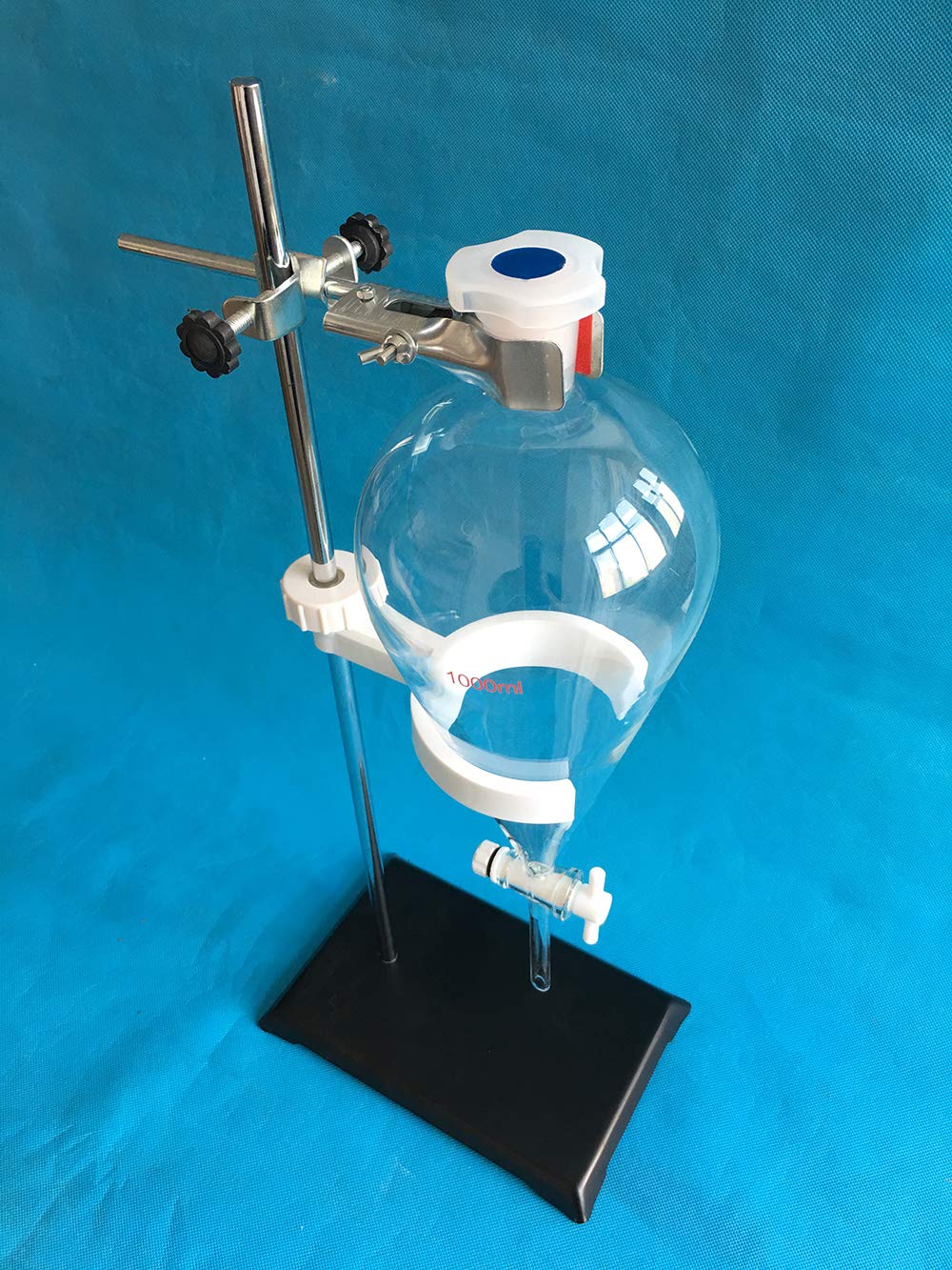 EBT2 - Set di imbuto separatorio in vetro, 1000 ml, rubinetto in PTFE con supporto in acciaio, morsetto e supporto in PP