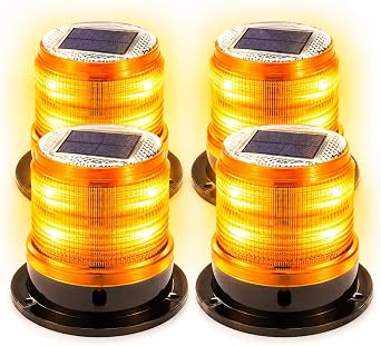 Solar Warning Beacon Light 4 Pack, 360 Flashing LED Safety Light with Strong Magnetic Base, Auto On Off, IP65 Waterproof Barricade Warning Light for Construction, Traffic, Dock, Marine, Crane
