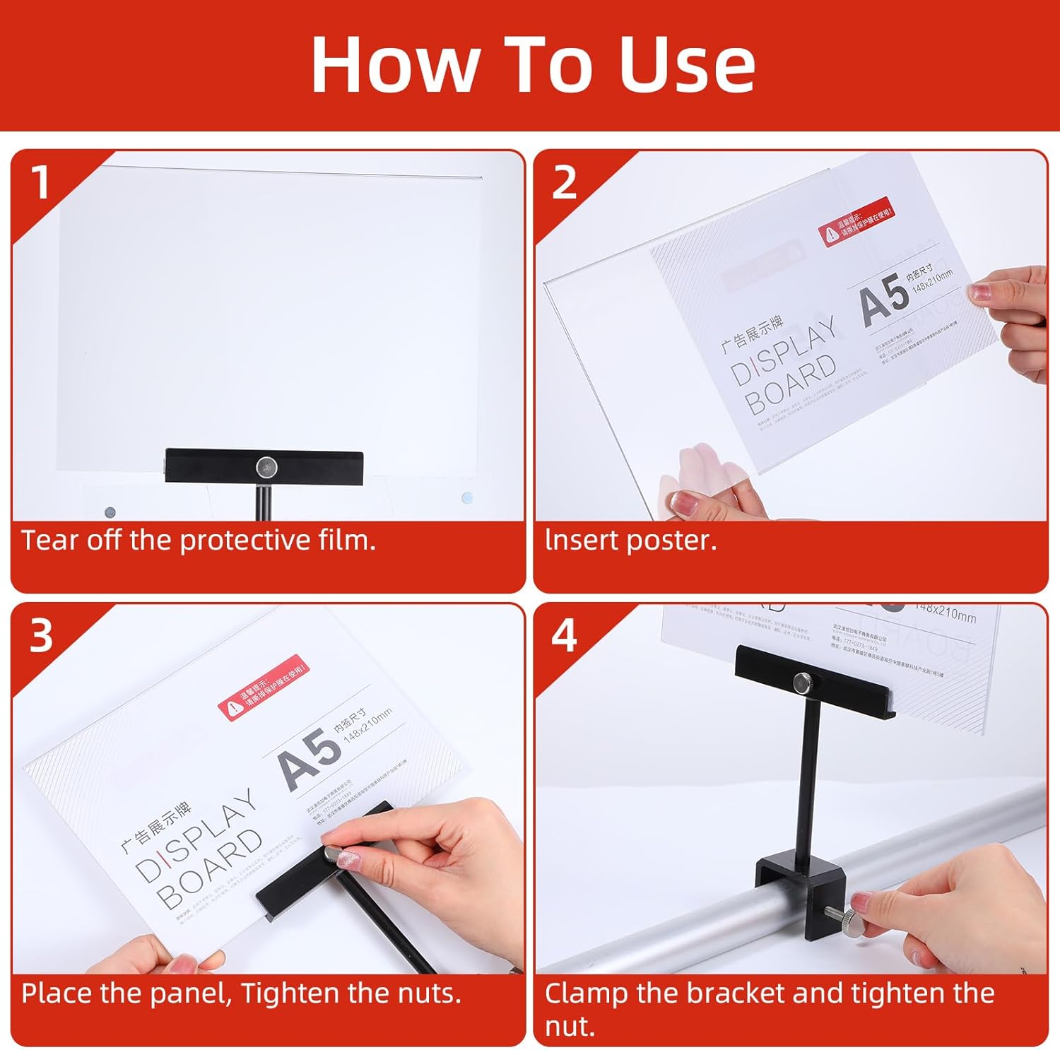 2 Sets Aluminum Alloy Sign Holder Clamp with 5.83 x 8.27 Inch Acrylic Frame Sign Holder Clip, Rotatable Holding Clamp Sign Holders for Clothing Stores Price Tag Office (Black) - Image 4