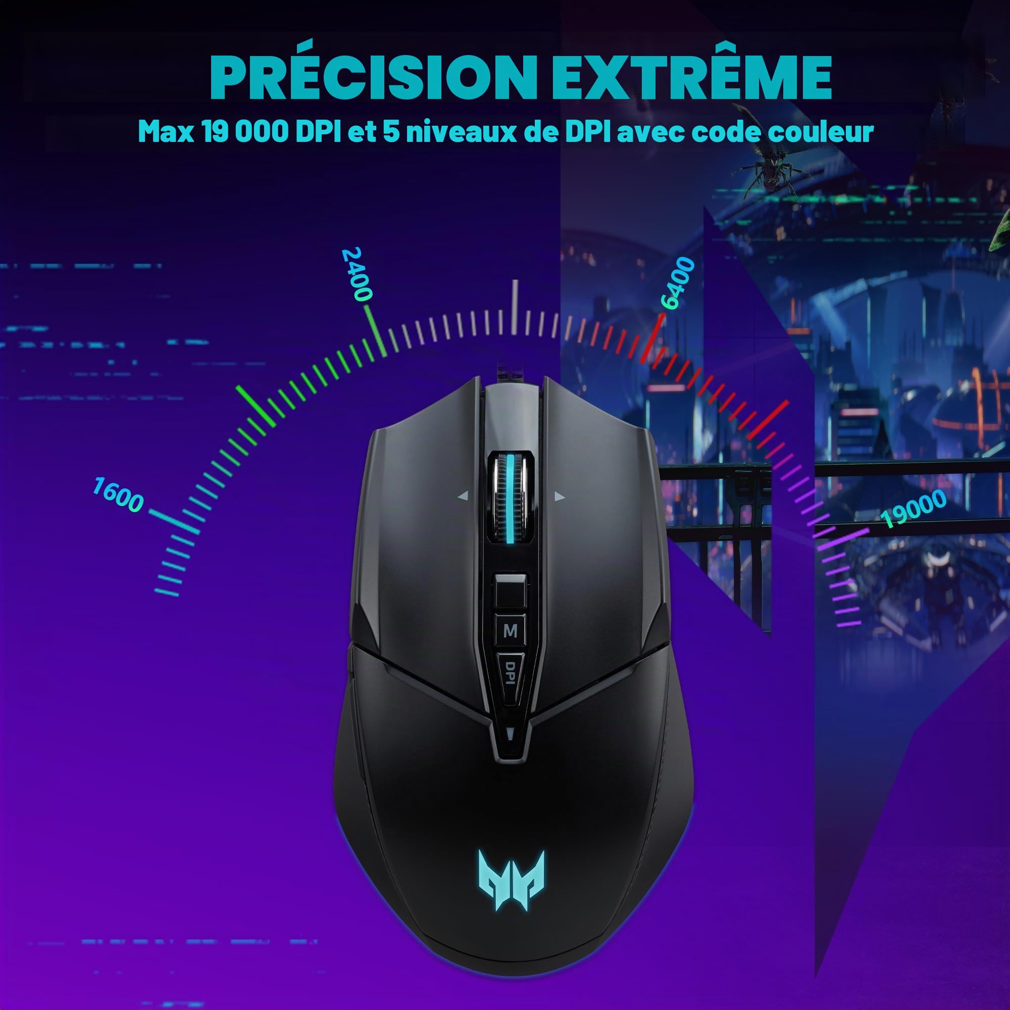 Predator Cestus 335, Souris Gaming Jusqu’à 19000 DPI, 5 Niveaux DPI, 10 Boutons Programmables Avec Buster Fire, IPS 400, Capteur Pixart 3370, Défilement Infini, Souris USB, Noir