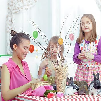 Pack of 12 Easter Eggs Hanging Easter Eggs with Ribbon Easter Egg Hunt Decorations Easter Egg Hanging Ornament Plastic Easter Eggs Easter Eggs Decoration for Kids School Home Office Party