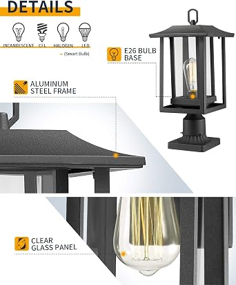 Beionxii Outdoor Post Light Exterior Wall Lantern Bundle Set, Sand Textured Black with Clear Glass - A197 Series