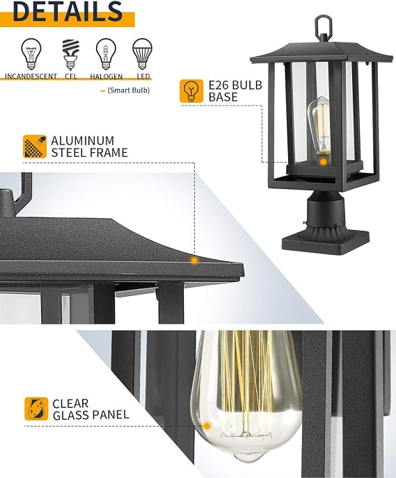 Beionxii Outdoor Post Light Exterior Wall Lantern Bundle Set, Sand Textured Black with Clear Glass - A197 Series
