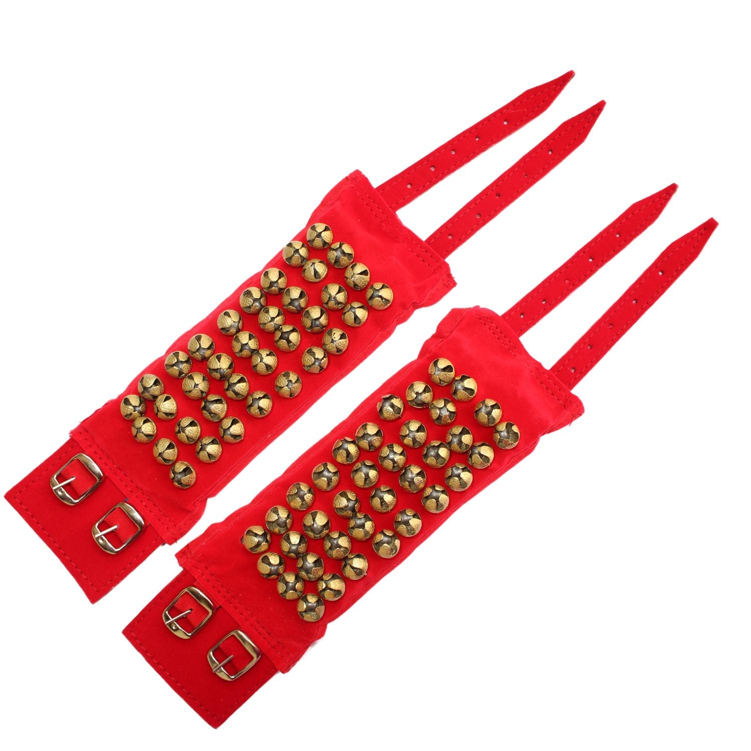 Brass Ghungroo Ankle Bells Velvet Pad for Classical Kathak Dance with Adjustable Strap - (Red Velvet 2 CM)