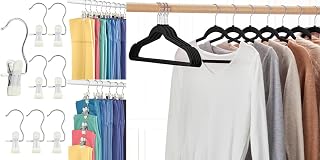 HOUSE DAY Black Velvet Hangers 60P & 20P Leggings Organizers Hangers Clips