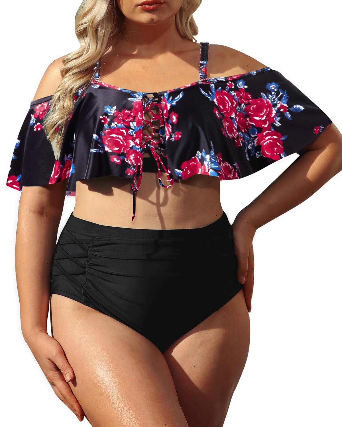 Daci Women Plus Size Bikini Sets High Waisted Ruffle Tummy Control Two Piece Swimsuit Off Shoulder Lace up Bathing Suit