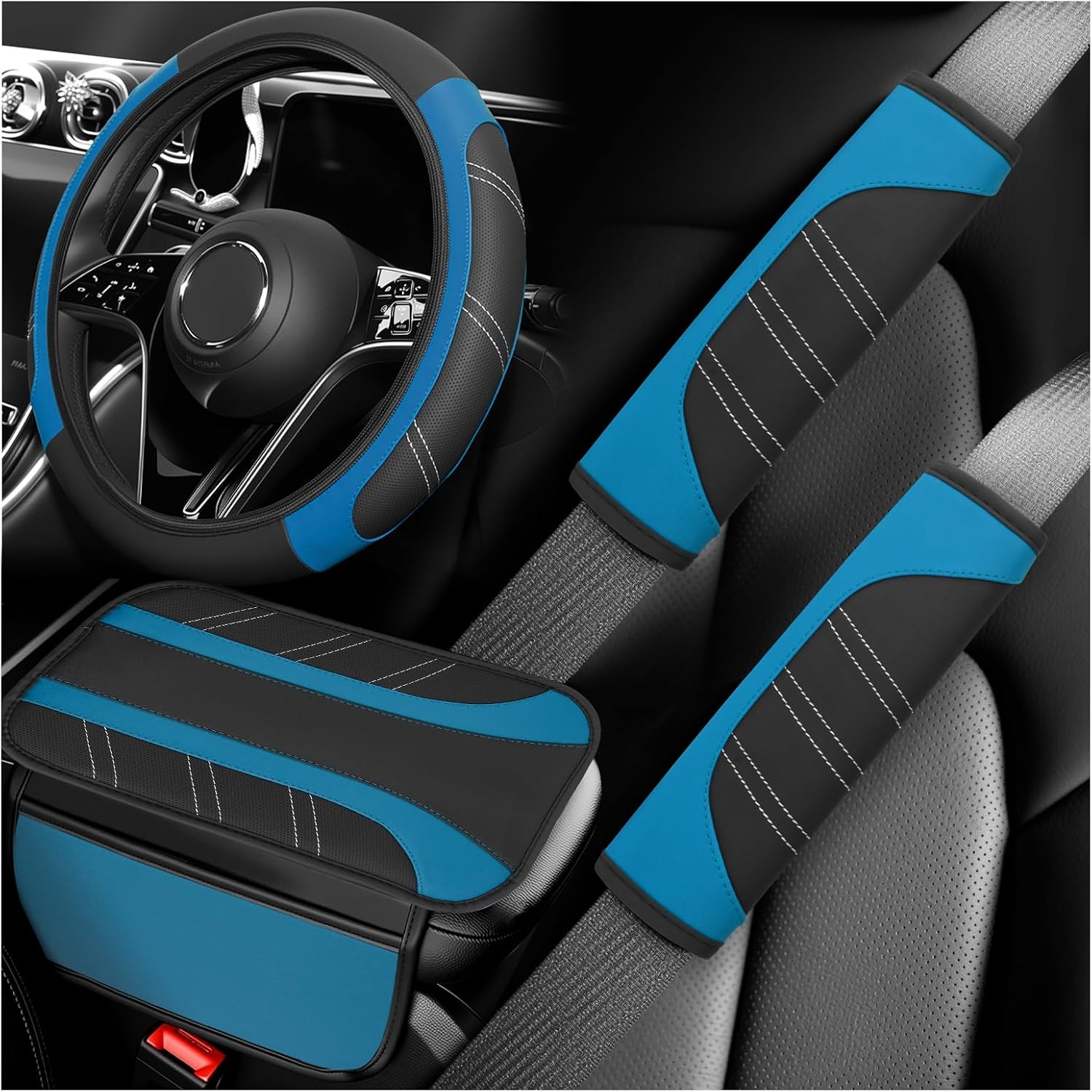 4PCS Car Accessories Set,Including Car Steering Wheel Cover & Seat Belt Cover Pad & Center Console Covers for Decorative Protection,Universal Cars Accessory Set for Sedan SUV Truck (Red)