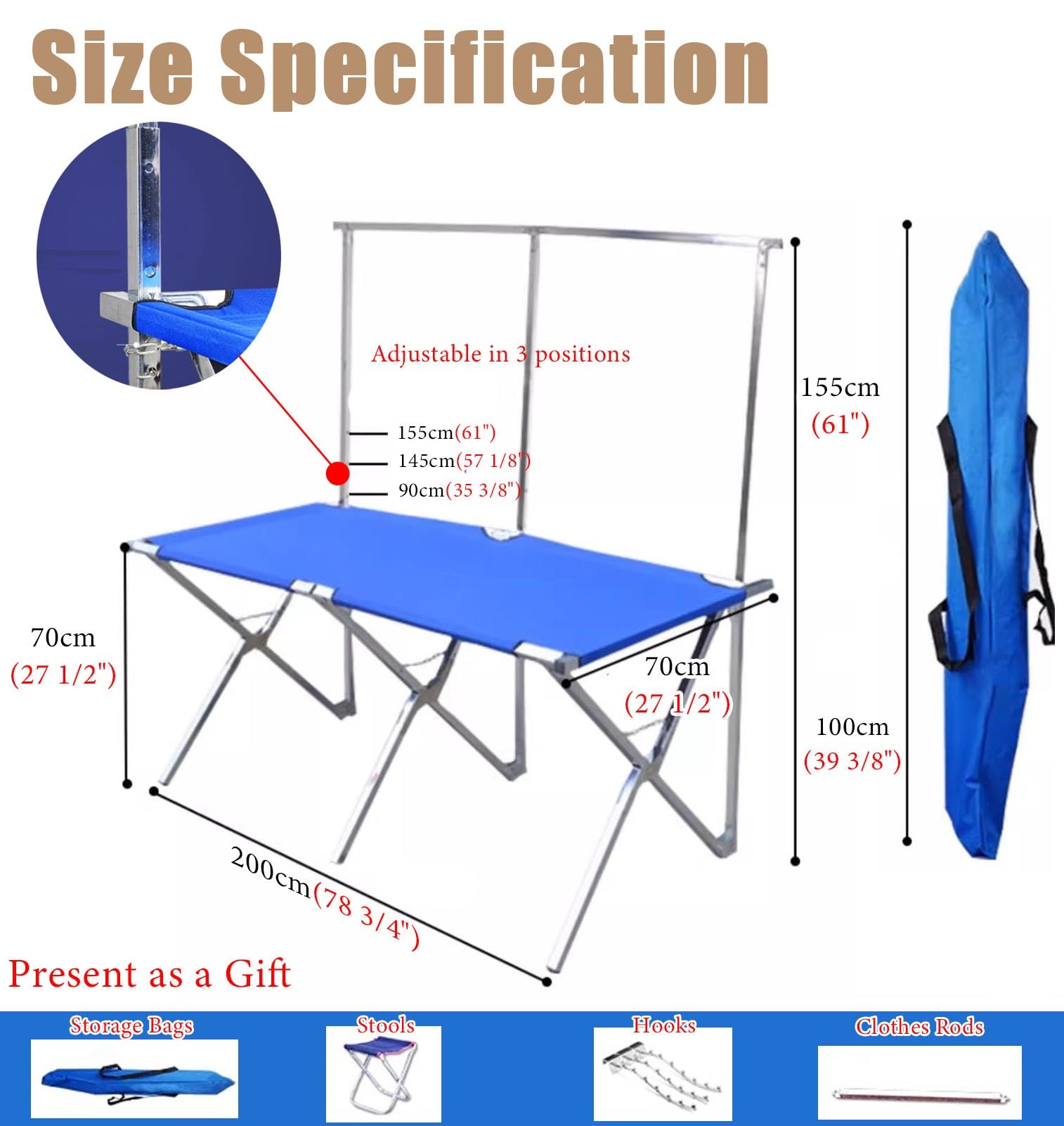 Puesto de Mercado Expositores de Suelo Portátiles para Puestos de Mercado, Ropa Plegable Carrito de Mercado para La Venta de Negocios, Altura Ajustable Puesto de Venta Ambulante(Width-200cm(78.7in))