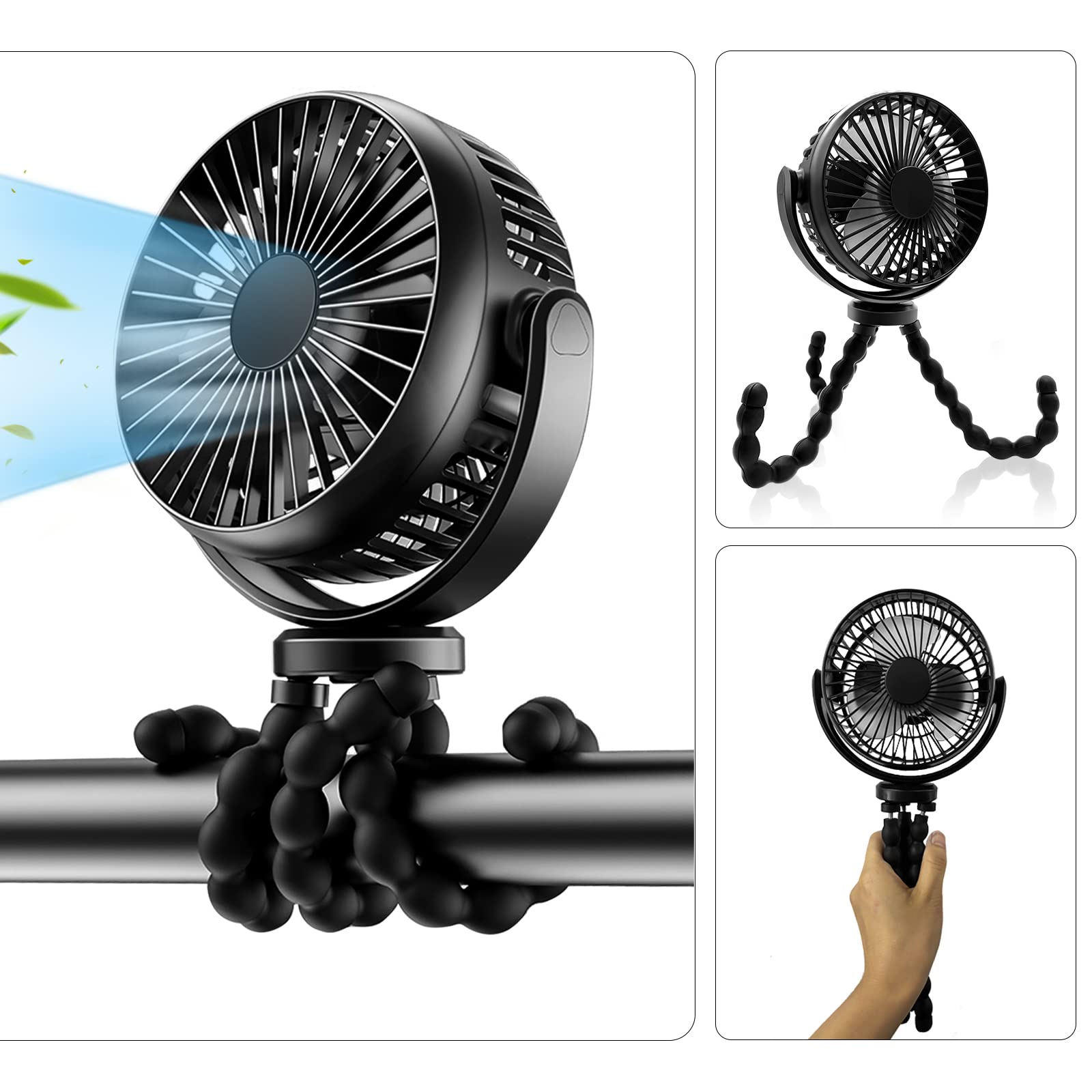 INFOSUN 5200mAh Desk Table Fan, Stroller Fan, 3 Speed Portable Handheld Quiet Fan for Baby, Strong Fan in office, Battery Operated Personal USB Cooling Fan, with Adjustable Flexible Tripod- Black