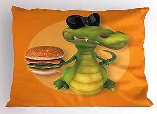 Alligator Pillow Sham, Glitzy Alligator with Sunglasses Holding a Double Cheese Burger Realistic Design, Decorative Standard King Size Printed Pillowcase, 36" X 20", Multicolor
