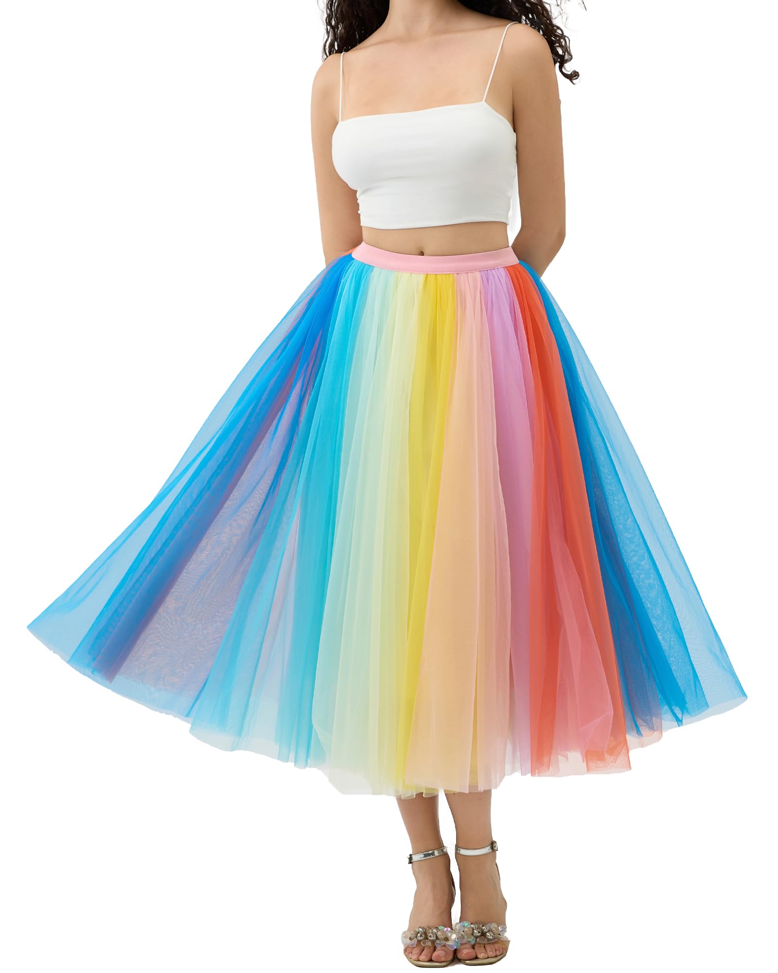 Women Pleated Long Tulle Skirt High Elastic Waist Swing Casual Midi Skirt