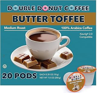 Double Donut Coffee Butter Toffee Flavored Coffee Pods, Medium Roast Coffee, compatible with Keurig K Cups Brewers, 20 Count