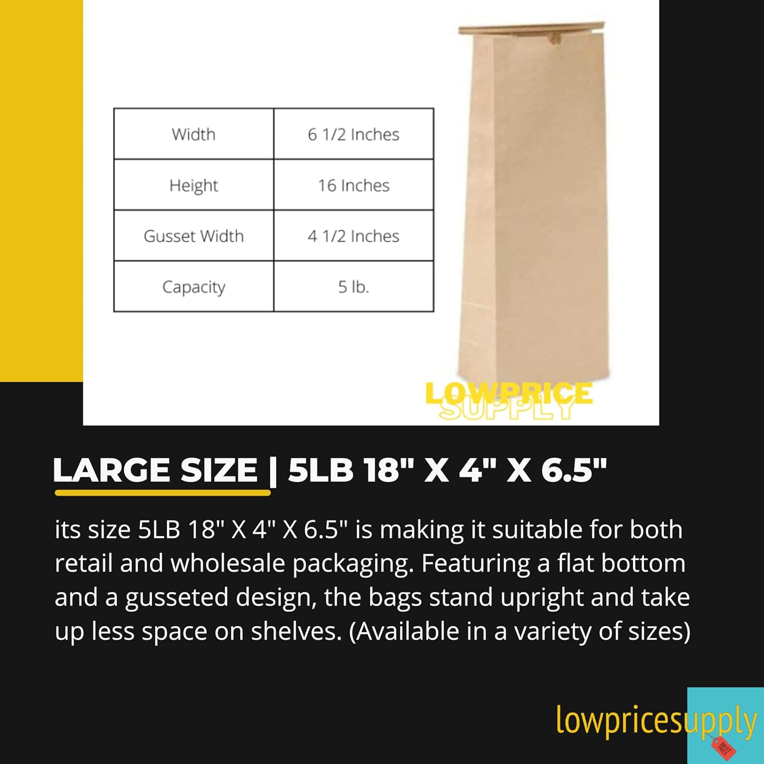 Pack of 100 Solid 5 Lb Kraft Tin Tie Coffee Bags 6-1/2"X4"X18" for Packaging, Storage, Resealable Food and Cookie Containers - Stand Up Kraft Paper