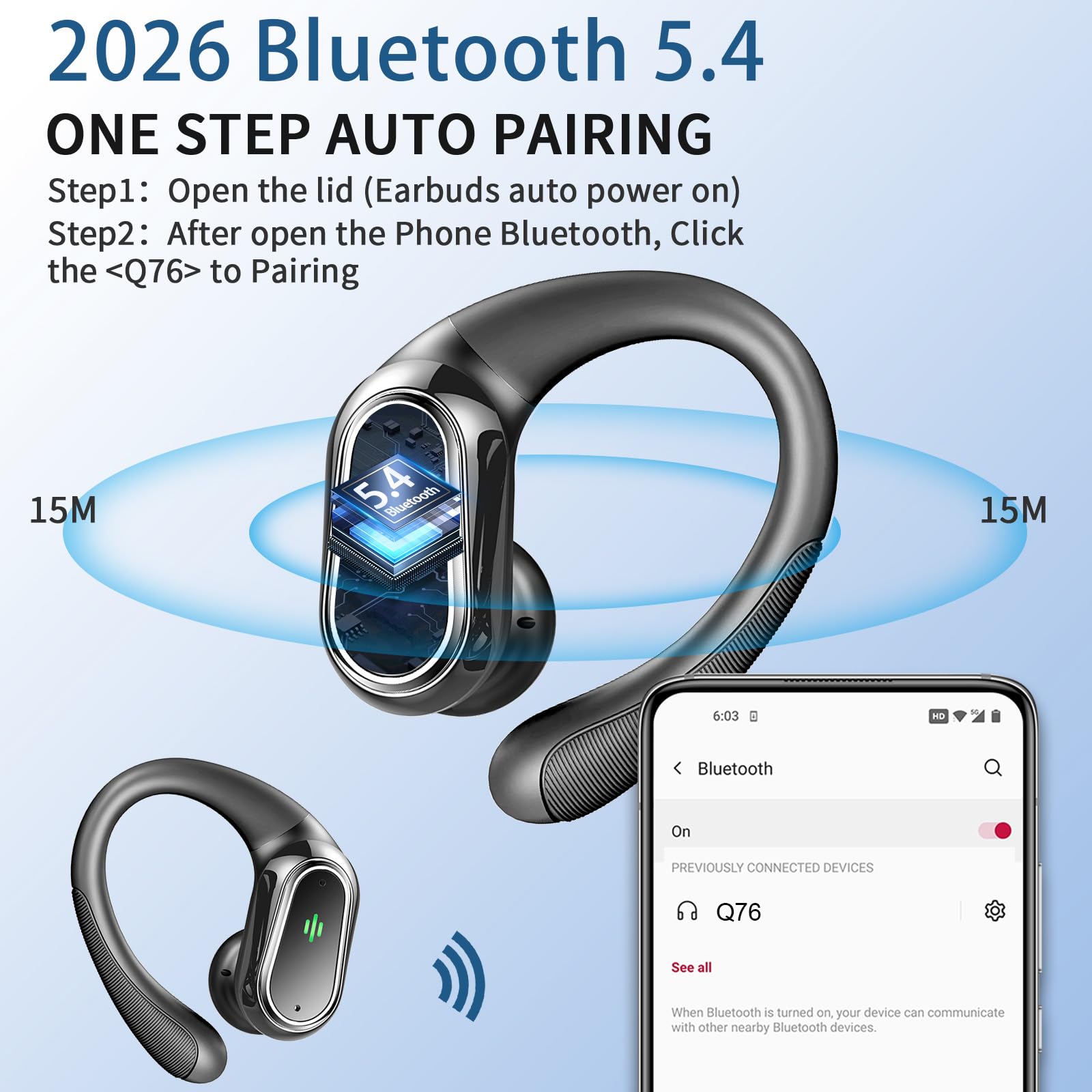 Ecouteurs Bluetooth sans Fil Sport, 2026 Écouteur Sans Fil Bluetooth 5.4 avec HiFi Stéréo, Temps d'appel 50H, 4 ENC Appel Réduction Antibruit Mic, Écran LED, IP7 Étanche oreillette Casque pour Running