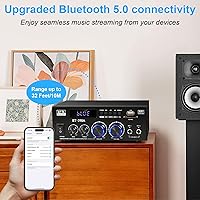 Vista 4 de Romica Stereo Audio Amplifier, 2 Channel 450W+450W Bluetooth 5.0 Home Theater Power Amplifier with FM Radio, USB, SD, Optical & Coaxial Inputs