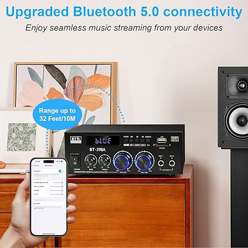 Miniatura 4 de Romica Amplificador de audio estéreo, 2 canales 450W+450W Bluetooth 5.0 amplificador de potencia de cine en casa con radio FM, USB, SD, entradas