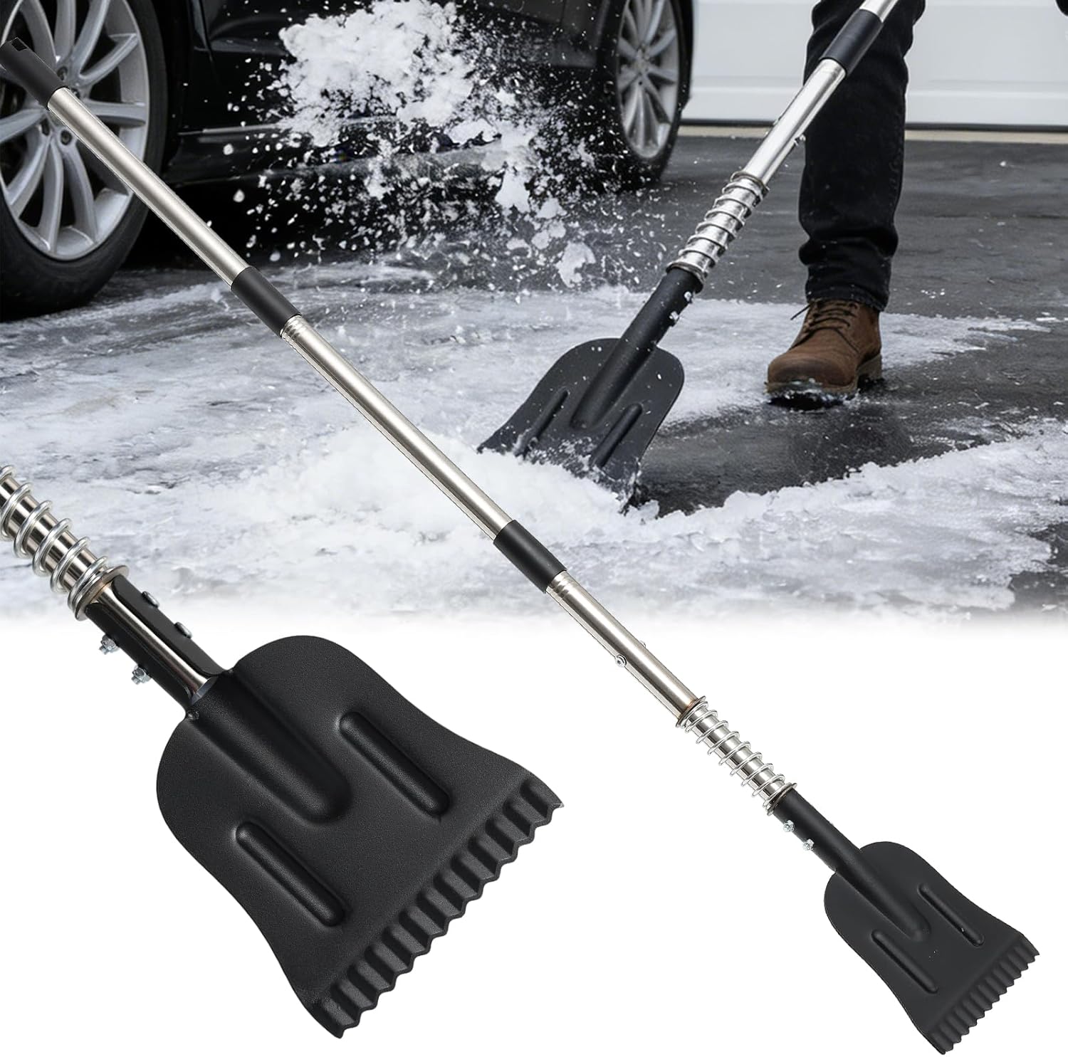Driveway Ice Scraper, Spring-Loaded Shock-Absorb Ice Chopper for Sidewalk, Heavy Duty Ice Breaker Tool with 66" Long Handle, Serrated Blade for Cut Ice, Snow Removal, Floor Cleaning, Stainless Steel