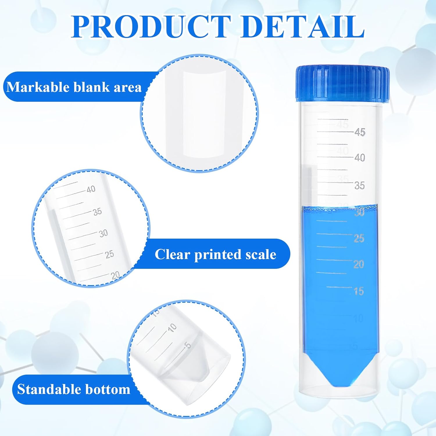 50 Pcs 50 ML Centrifuge Tubes ABuff Plastic Test Tubes with Blue Screw Caps, Clear Plastic 50ml Test Tube with Conical Bottom, Self Standing Leak-Proof PRP Tubes for Cold Storage