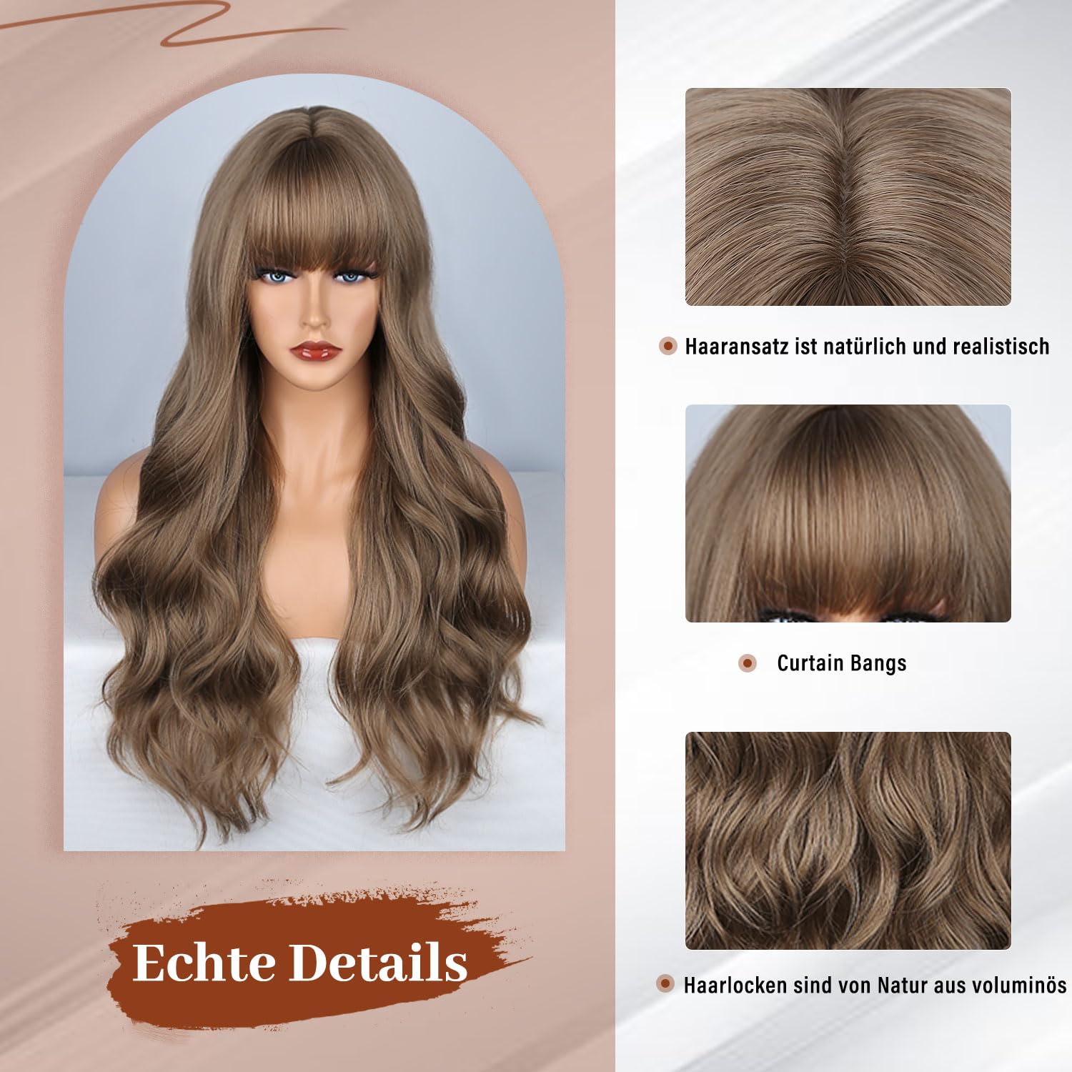 Fulang Hair Long Wave Brown Wigs for Women Long Curly Wigs with Bangs Synthetic Hair Heat Resistant Wig for Daily Party Cosplay Use - Image 3