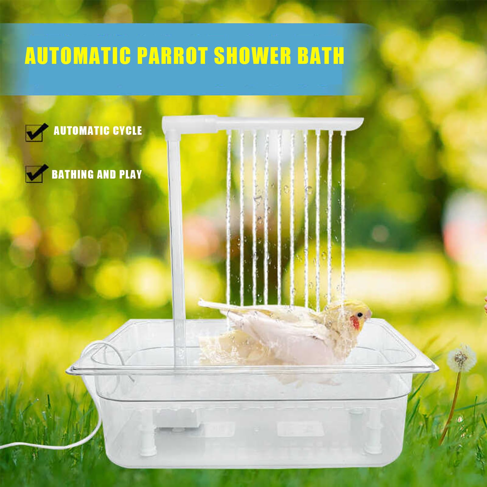 Ducha automática de pájaros, ducha de baño automática de aves Baño | Bañera de ducha de cacatina eléctrica para periquito gris africano, bañera de bóveda con presió