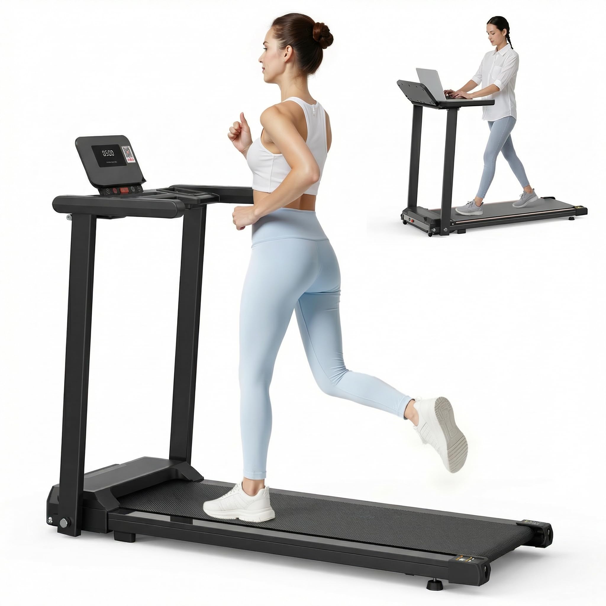 Woman running on treadmill with Fitshow app interface displayed