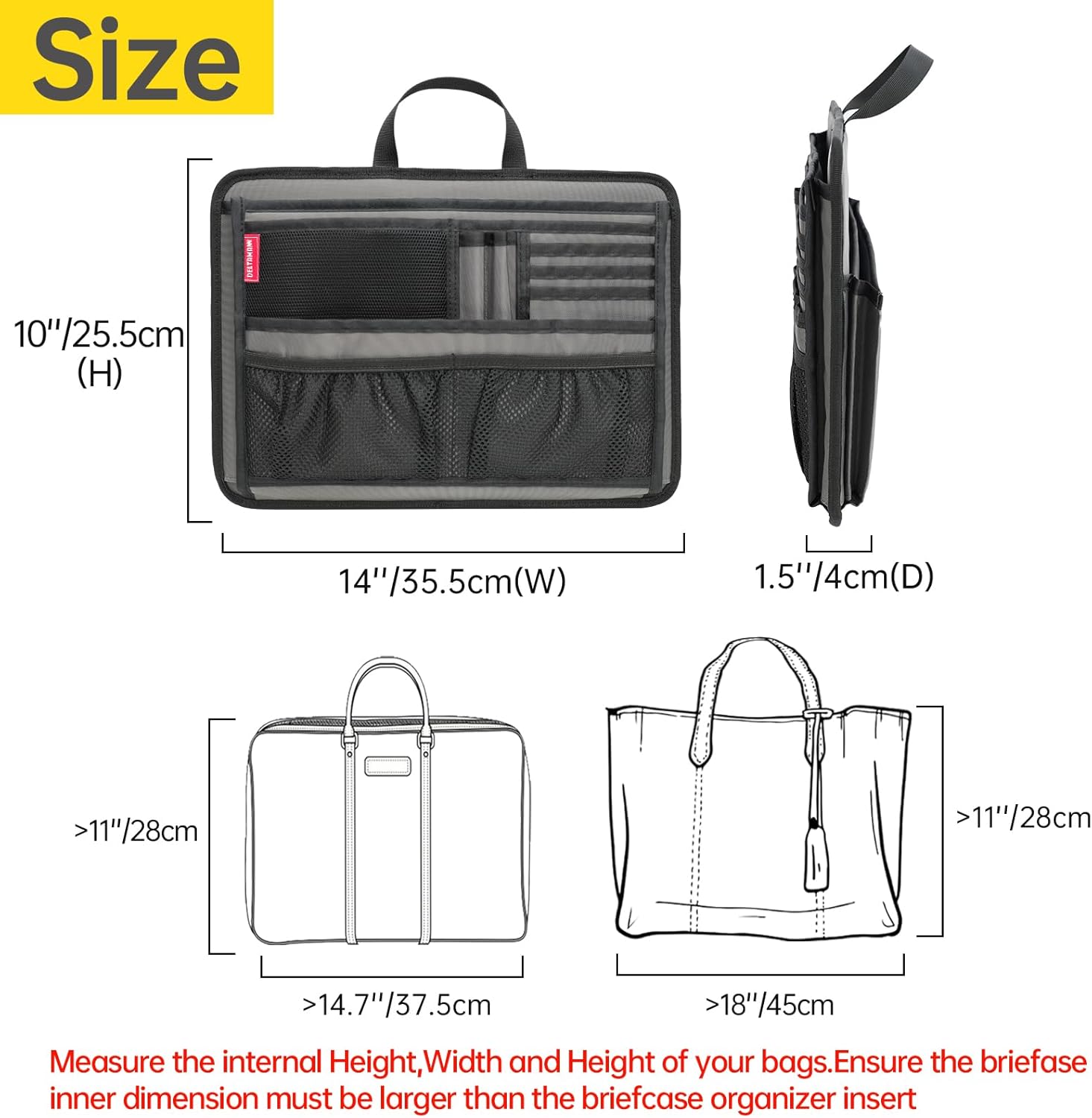 Slim Rugged Organizer Insert for Briefcase Messenger Tote Bag-13 Pockets,Durable Padded Nylon,Handle - Grey
