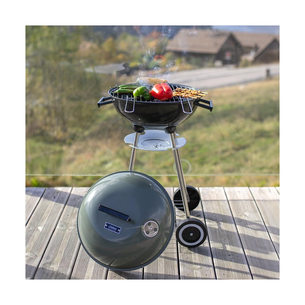 Barbecue a charbon - LIVOO - DOC172K - ø41 cm - Grille en acier chromé - Hauteur 69,5 cm - Poignées - 2 roues crantées