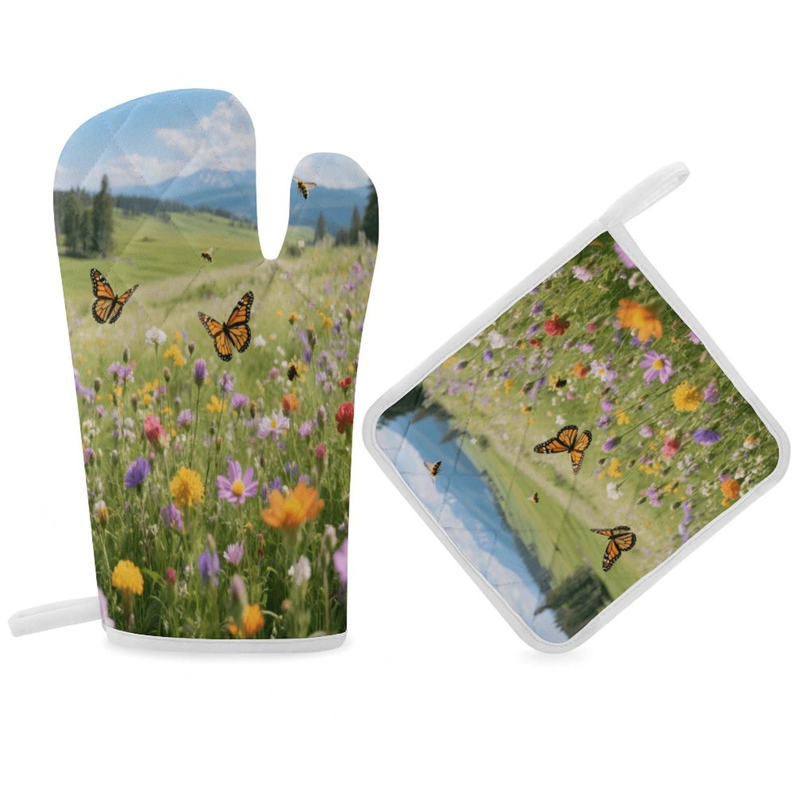 Fodpand Women's Style Wildflower Valley In Full Bloom Oven Mitts And Pot Holders Sets,Oven Gloves For Kitchen Oven Mitts And Potholders For Baking Cooking Grilling Apartment Essentials