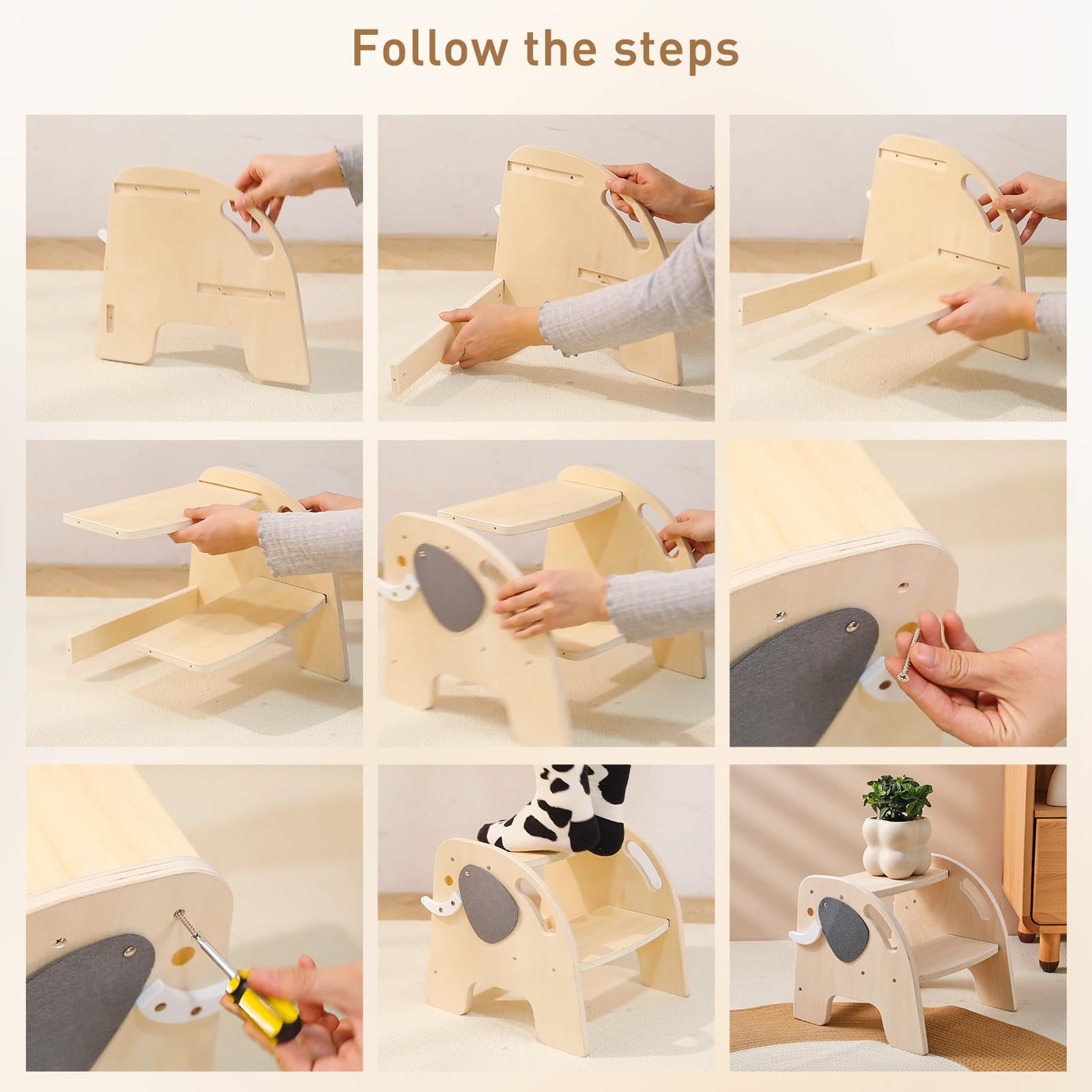 Tritthocker für Kinder Holz Lernturm Montessori Für Kinder Tritthocker 2 Stufen Baby Kleinkinderzimmer ab 2 Jahre Rutschfester Elefant Design Hocker Kinder Bad