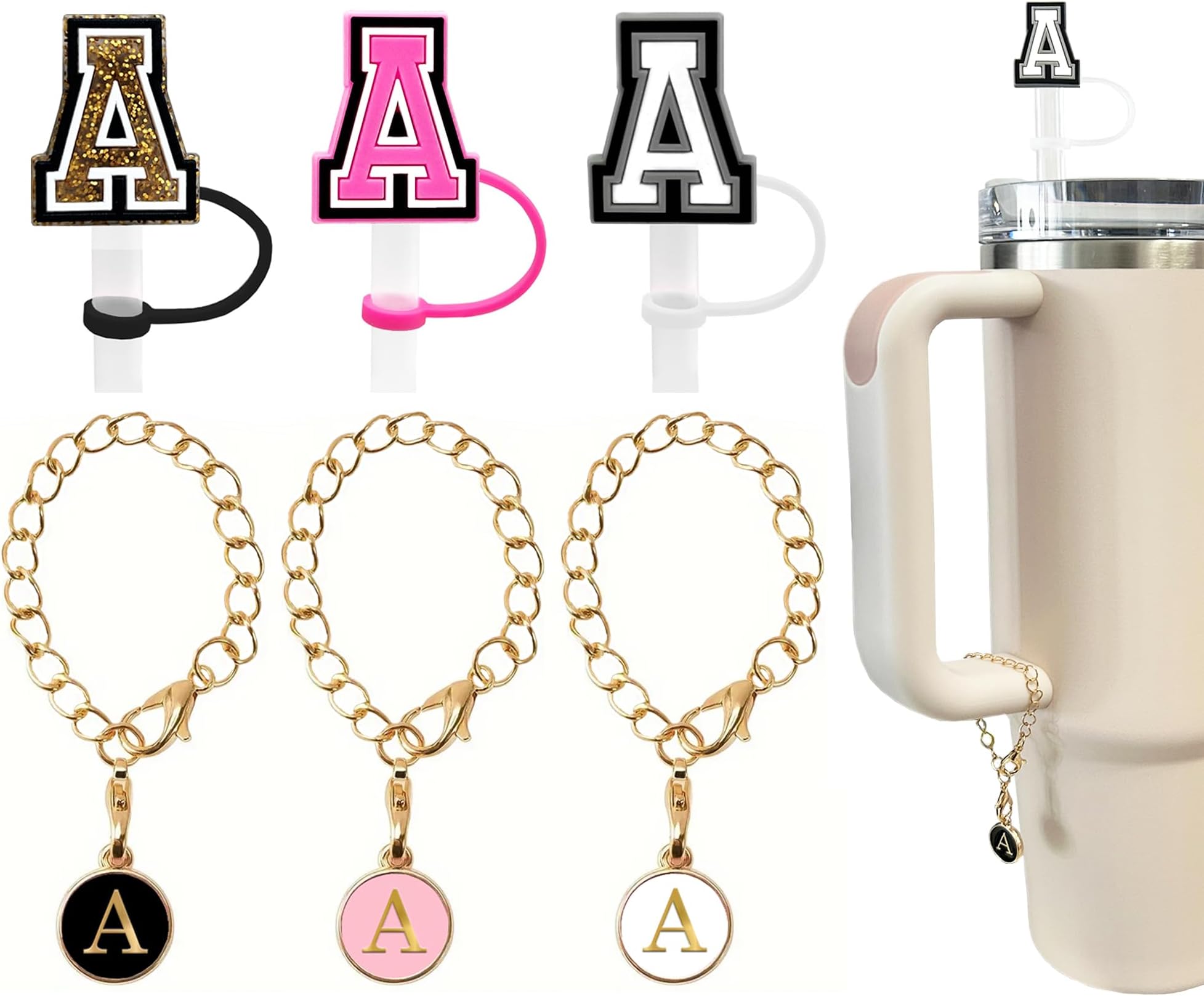 （3 +3) 3PCS Nuozme Straw Cover 10mm For Stanley Tumbler Cup Reusable Straw Cap Topper with 3 Initial Letter Charms Accessories Name ID Personalized Handle Charm For Stanley 30&40 Oz Cup Tumbler