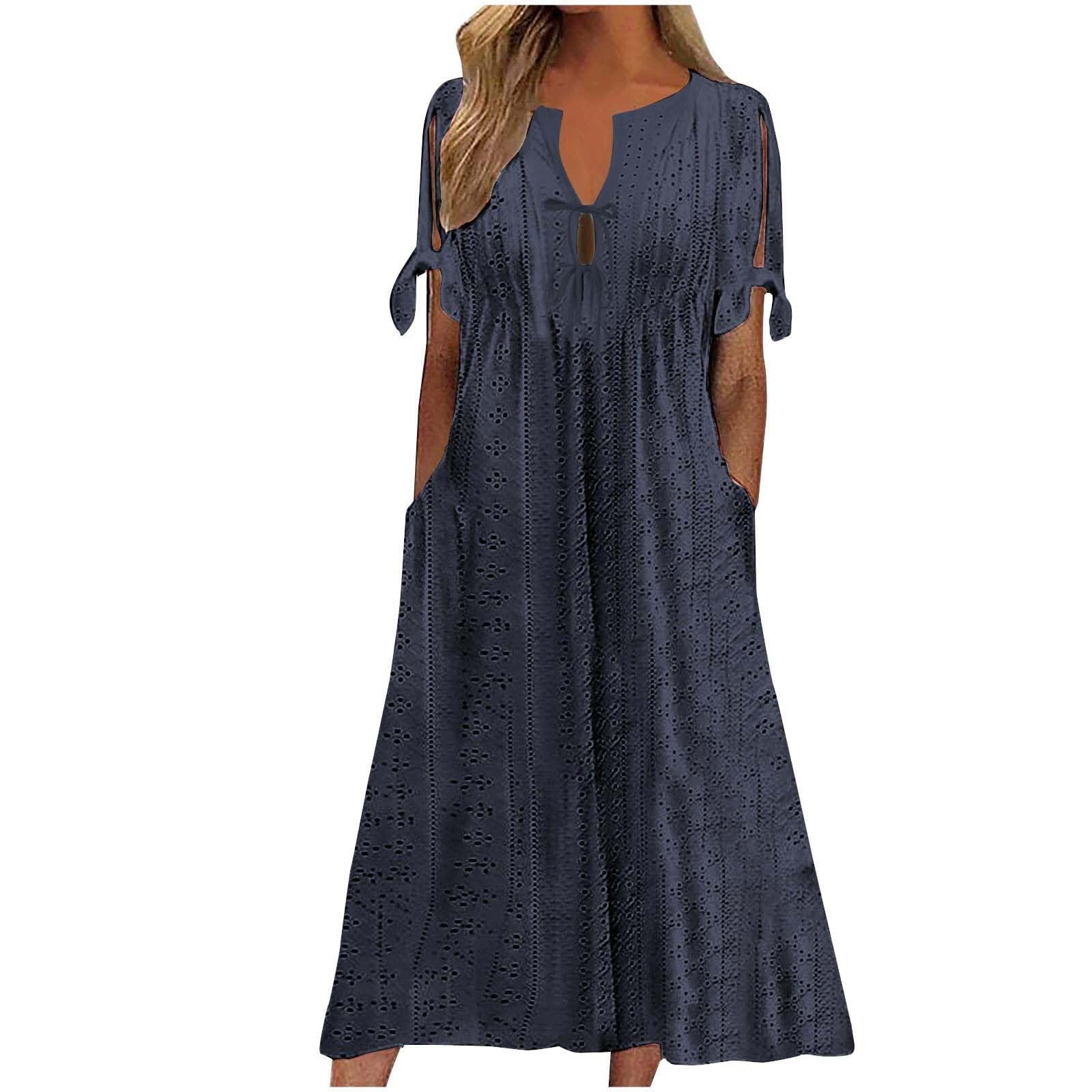 Boho-Kleider für Damen, Vintage, Sommer, locker, kurzärmelig, Strandkleid, schwingend, A-Linie, Bohemian-Blumendruck, Tunika-Kleid für den Alltag, Brautjungfernkleider mit Taschen